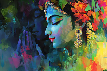 Colorful oil painting of Radha Krishna love