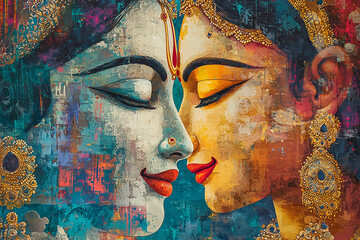 Colorful oil painting of Radha Krishna love