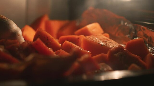 Pumpkin, sweet potato, carrots on a baking sheet in the oven.
Grilled vegetables.
Healthy vegetables are baked in the oven.
Vegetables on a baking sheet in the oven