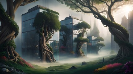 Fototapeta premium Enchanted Urban Wilderness: A Surreal Fusion of Nature and Architecture
