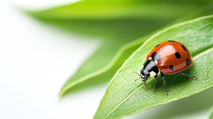 Fototapeta premium Close-up of a ladybug on a green leaf, showcasing nature's beauty and detail.