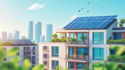 A multifamily apartment building with a solar panel roof and a backdrop of the cityscape. A contemporary high-rise building in Green City with a rooftop solar battery. Efficiency of Solar Energy. 