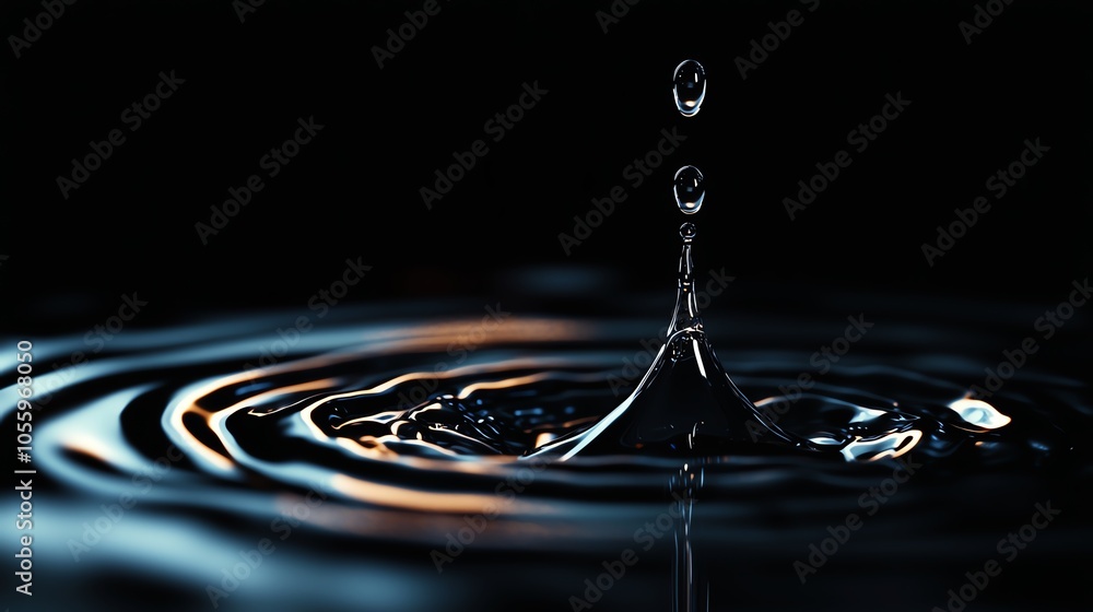 Poster close-up of a water droplet creating ripples on a dark surface, showcasing fluid dynamics and tranqu