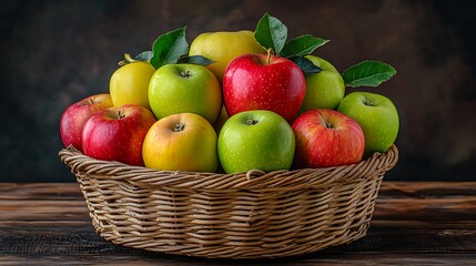 A basket filled with a variety of ripe, colorful apples placed on a rustic wooden table