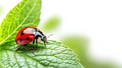 Fototapeta premium Close-up of a vibrant ladybug perched on a green leaf against a soft white background.