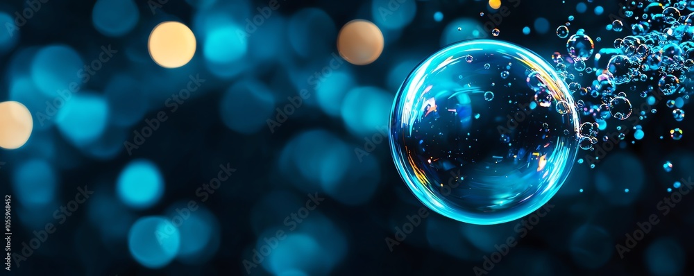 Poster close-up view of a bubble floating with blue background and light reflections, creating an abstract 