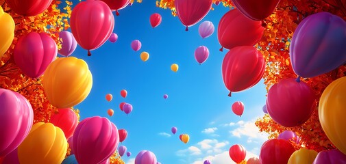 Colorful balloons floating under a bright sky, surrounded by autumn leaves.