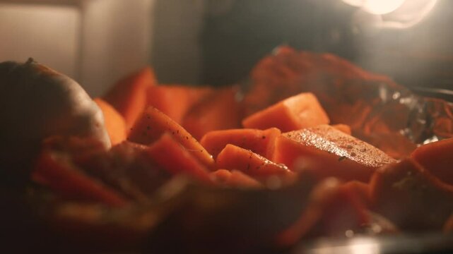 Pumpkin, sweet potato, carrots on a baking sheet in the oven.
Grilled vegetables.
Healthy vegetables are baked in the oven.
Vegetables on a baking sheet in the oven