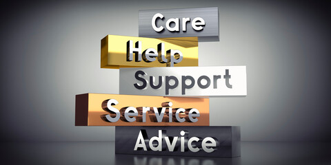 Care, support, service, help, advice - words on metal blocks - 3D illustration