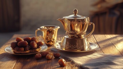 Fototapeta premium A golden teapot, cup, and dates on a wooden table with a linen napkin.