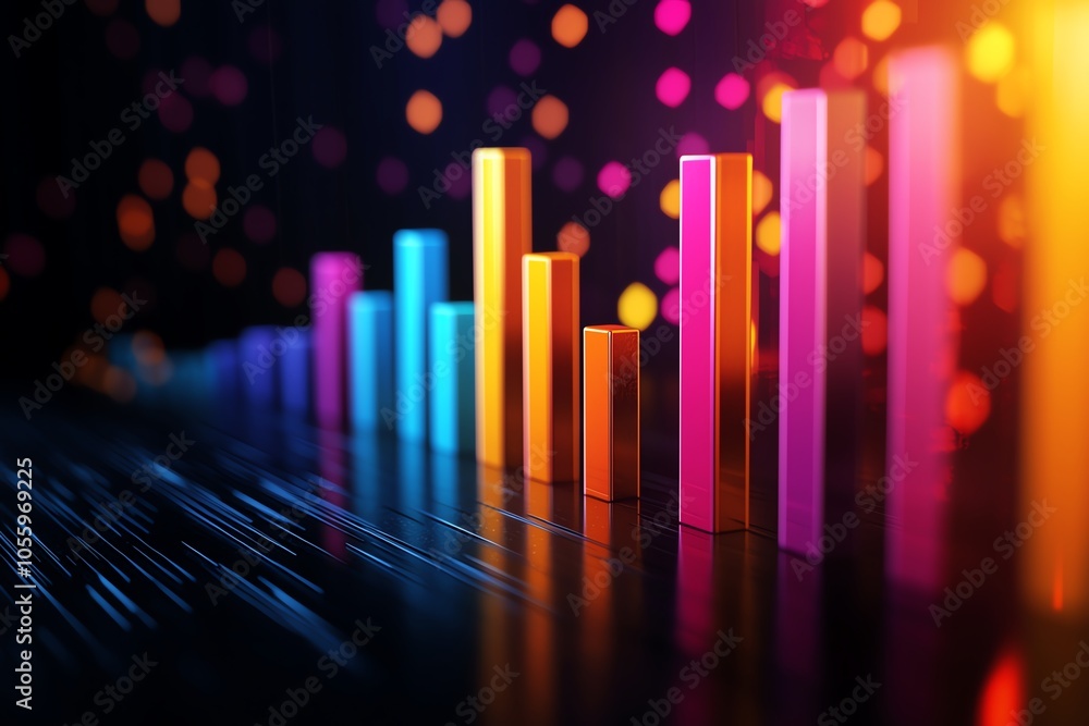 Poster colorful data visualization with vibrant bars and soft bokeh lights in the background.