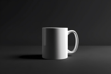 A simple, white ceramic mug elegantly placed on a dark surface, showcasing its sleek design and reflecting soft light.