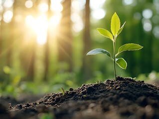 Cinematic close-up of a small sapling thriving in a lush forest amidst glowing sunlight symbolizing new beginnings and growth