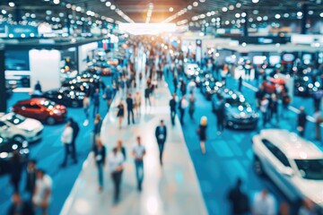 Obraz premium A blurry photo of a car show with people and different cars