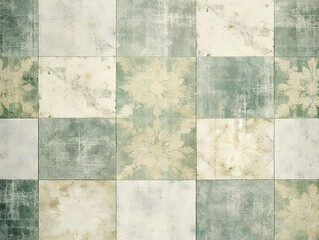 Batik Floral and Sun Motif Pattern, Seamless Geometric Squares on Sage Green Linen Texture