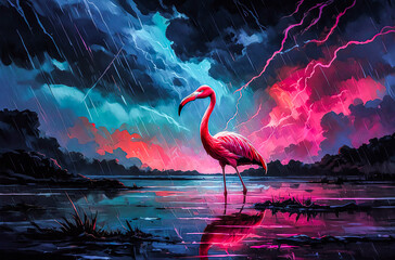 Neon Flamingo in a Stormy Night watercolor vector painting art illustration
