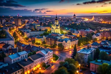 Obraz premium Tilt-Shift Photography of Vinnytsia Cityscape with Music Streaming Service Aesthetic in Dark Mode