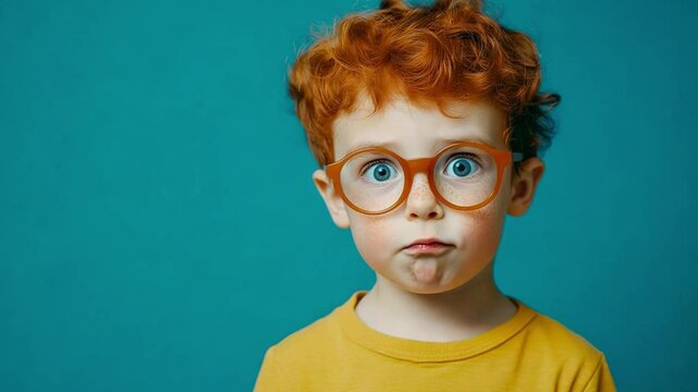A boy with bright curly red hair and round glasses looks curiously at the camera, standing against a vibrant teal backdrop