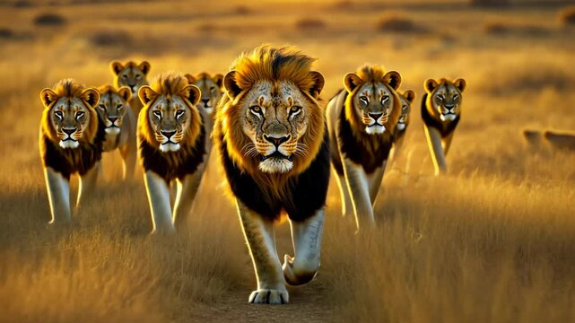 A powerful male lion strides ahead, leading a group of lions through the dry, sunlit grasslands, presenting grandeur and the essence of untamed African wildlife. Video