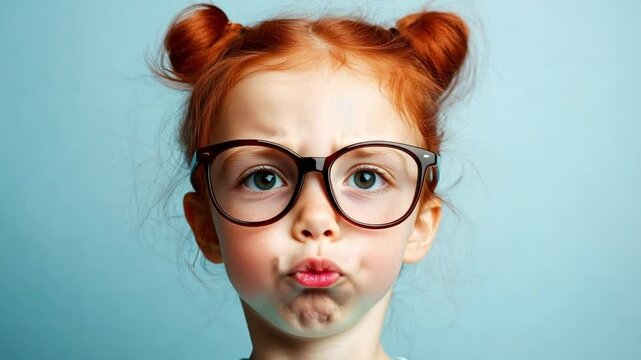 A girl with bright red hair pulls a silly expression while wearing large glasses, showcasing her fun personality over blue backdrop
