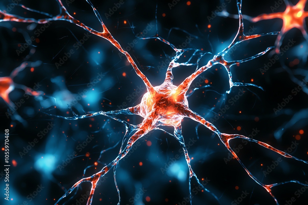 Poster detailed image of a neuron cell, showcasing connections and activity in a vibrant abstract style.