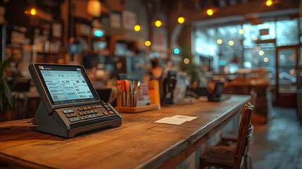 wooden coffee shop counter featuring a modern POS system and utensil holder. The softly lit background highlights the inviting ambiance of the cafe with chairs and shelves.