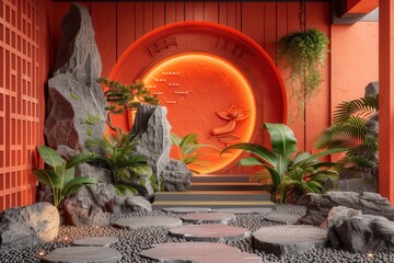 A red room with a large orange circle in the middle