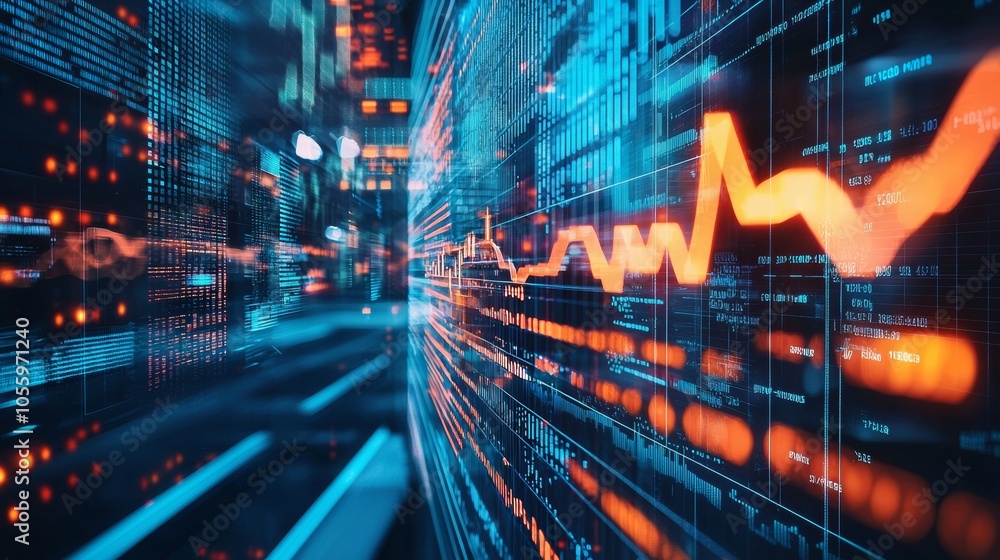 Poster digital financial data with fluctuating graph in a fast-paced environment