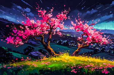 Fototapeta premium Neon Cherry Blossoms on a Hilltop watercolor painting art illustration 