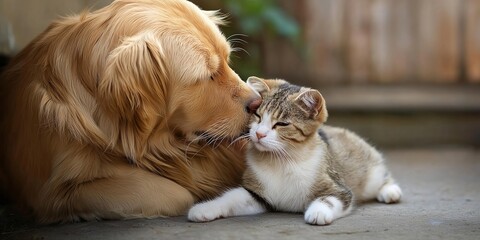 A golden retriever gently touches noses with a cute kitten, showing affection in a tender moment captured outdoors.