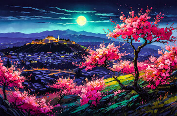 Fototapeta premium Neon Cherry Blossoms on a Hilltop watercolor painting art illustration 