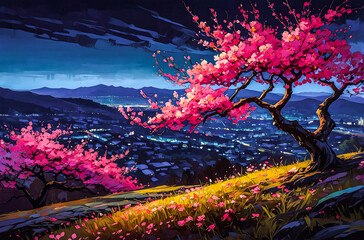 Fototapeta premium Neon Cherry Blossoms on a Hilltop watercolor painting art illustration 