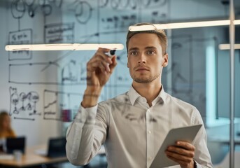 Young man writing on glass board, using a tablet, office setting