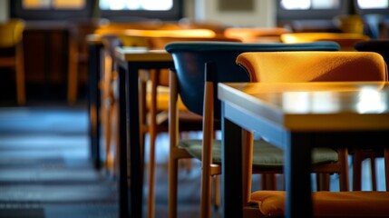 The organization and neatness of the room is evident in the perfectly aligned chairs and tables.