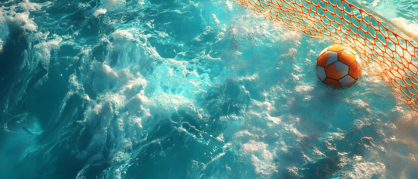 A vibrant soccer ball near a net, partially submerged in ocean waves, showcasing motion and excitement.
