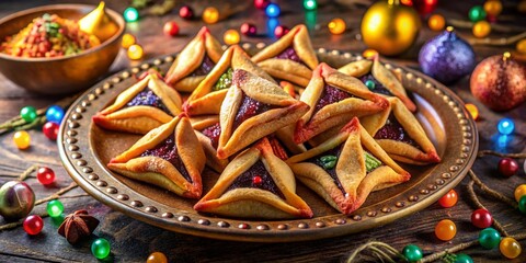 Fototapeta premium Traditional Jewish Hamantaschen Cookies for Purim Celebration - Festive Treats on a Plate