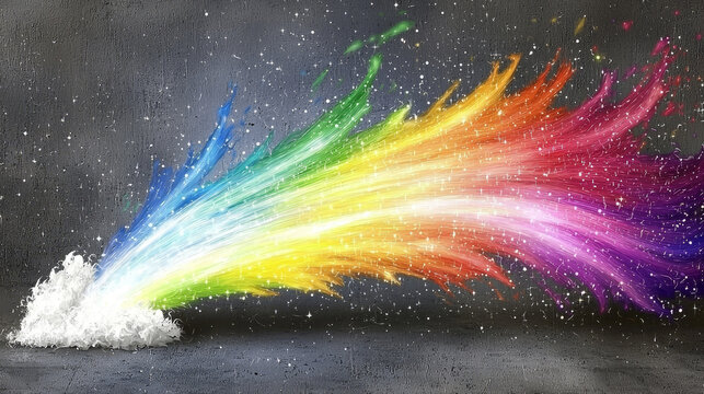 vibrant rainbow burst emanates from cloud, creating colorful explosion of hues against dark background, evoking sense of joy and wonder