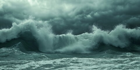 Naklejka premium Powerful ocean waves crash beneath a foreboding stormy sky, full of energy and movement.