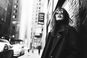 Kobieta w czarnych płaszczu stoi przy ścianie z cegieł