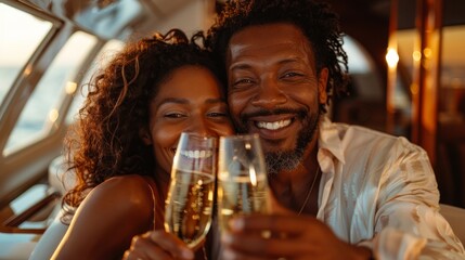 A happy couple toasts each other with champagne glasses while on a yacht.