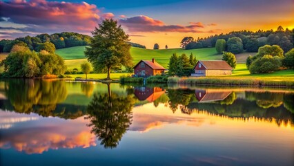 Obraz premium Tranquil Low Light Photography of Natural Lake Farm in Village - Serene Tree 3D Wallpaper for Nature Lovers