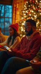 Fototapeta premium a group of people sitting in a cozy, festive environment, working on laptops