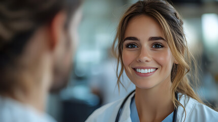 Obraz premium cheerful young female doctor in a white coat and stethoscope interacts warmly with a colleague. The bright, professional setting enhances the sense of teamwork and positivity.