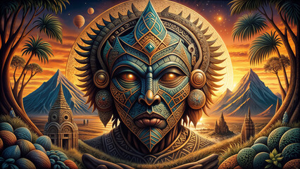 Ancient Mask with Cultural Symbols in Mystical Landscape at Dusk