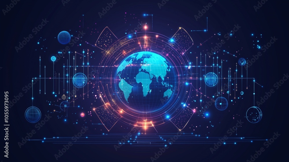 Wall mural global connection in 3d: a digital illustration of earth with a network of light and data