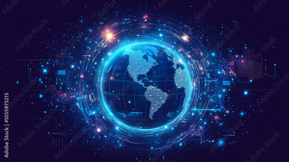 Wall mural global connection in 3d: a digital illustration of earth with a network of light and data