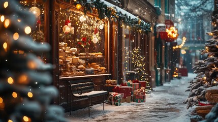 Christmas street with snow, benches, and baked goods in a display next to a bakery cafe. Gifts, toys, trees, garland, fir branches, and bright lightbulbs are examples of Christmas decor.