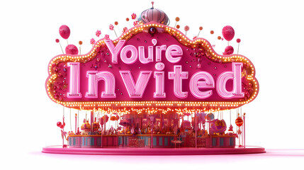 Bright pink invitation sign with lights and decorations, festive and playful design, perfect for celebratory events.