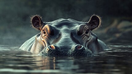 Fototapeta premium A hippo swimming gracefully in a river, with only its eyes and nostrils visible above the water.