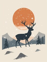 Nordic Elegance Christmas card. A deer stands in the snow in front of a mountain and a full moon.